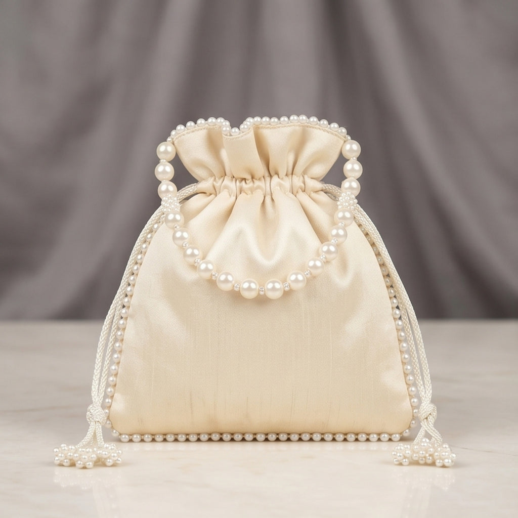 Women's Luxury Cream Embroidered Potli Bag with Pearl Handle and Beaded Floral Clusters-2