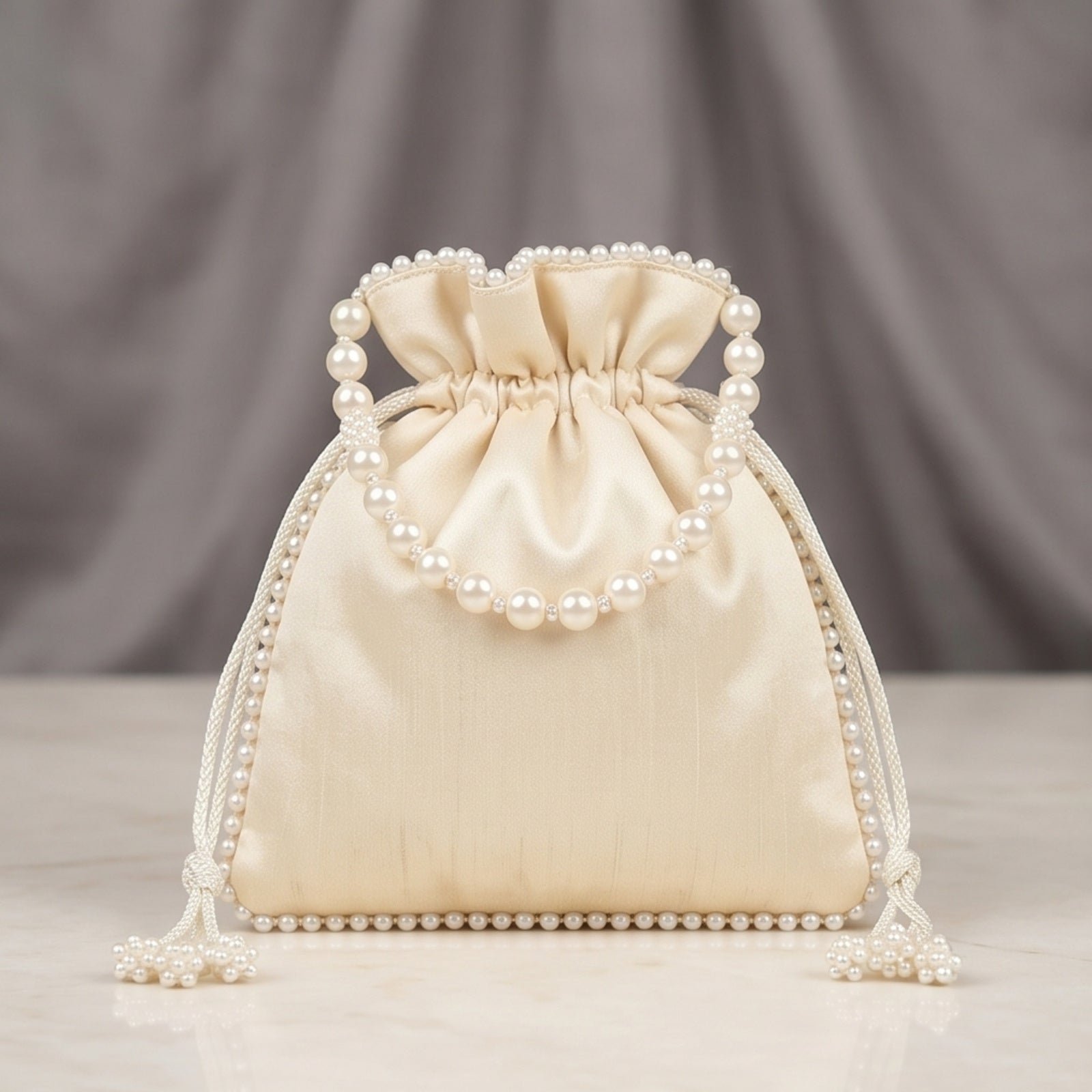 Women's Luxury Cream Embroidered Potli Bag with Pearl Handle and Beaded Floral Clusters-2