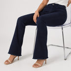 Women's Retro Navy Blue High-Waisted Flare Denim Jeans with Fringed Hem-3