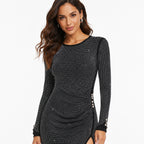 Women's Silver Shimmer Side Button Long Sleeve Bodycon Midi Dress | Glamorous Party Wear Dress-3