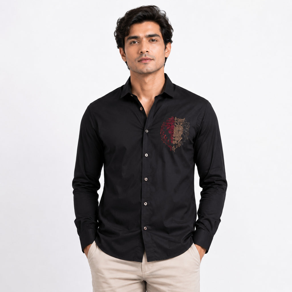 Men's Royal Lion Crest Premium Black Party Shirt-1