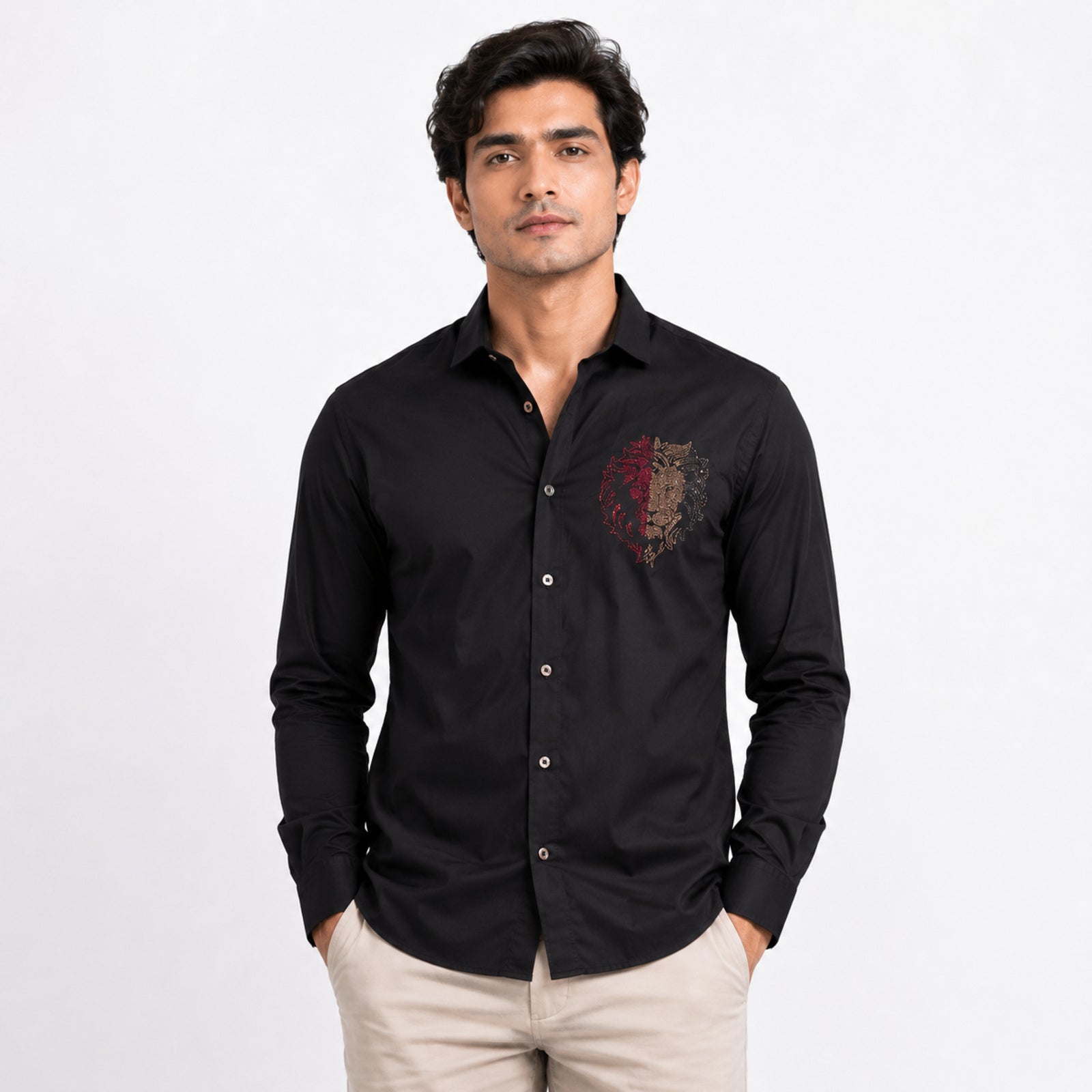 Men's Royal Lion Crest Premium Black Party Shirt-1