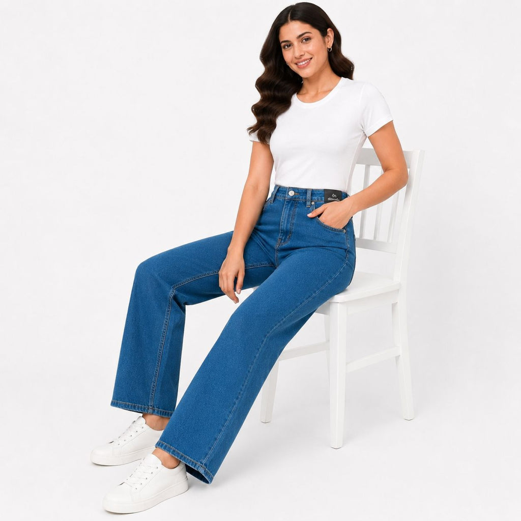Women's Blue High-Rise Wide Leg Jeans | Straight Fit Full-Length Denim Pants-2
