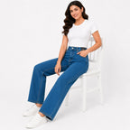 Women's Blue High-Rise Wide Leg Jeans | Straight Fit Full-Length Denim Pants-2