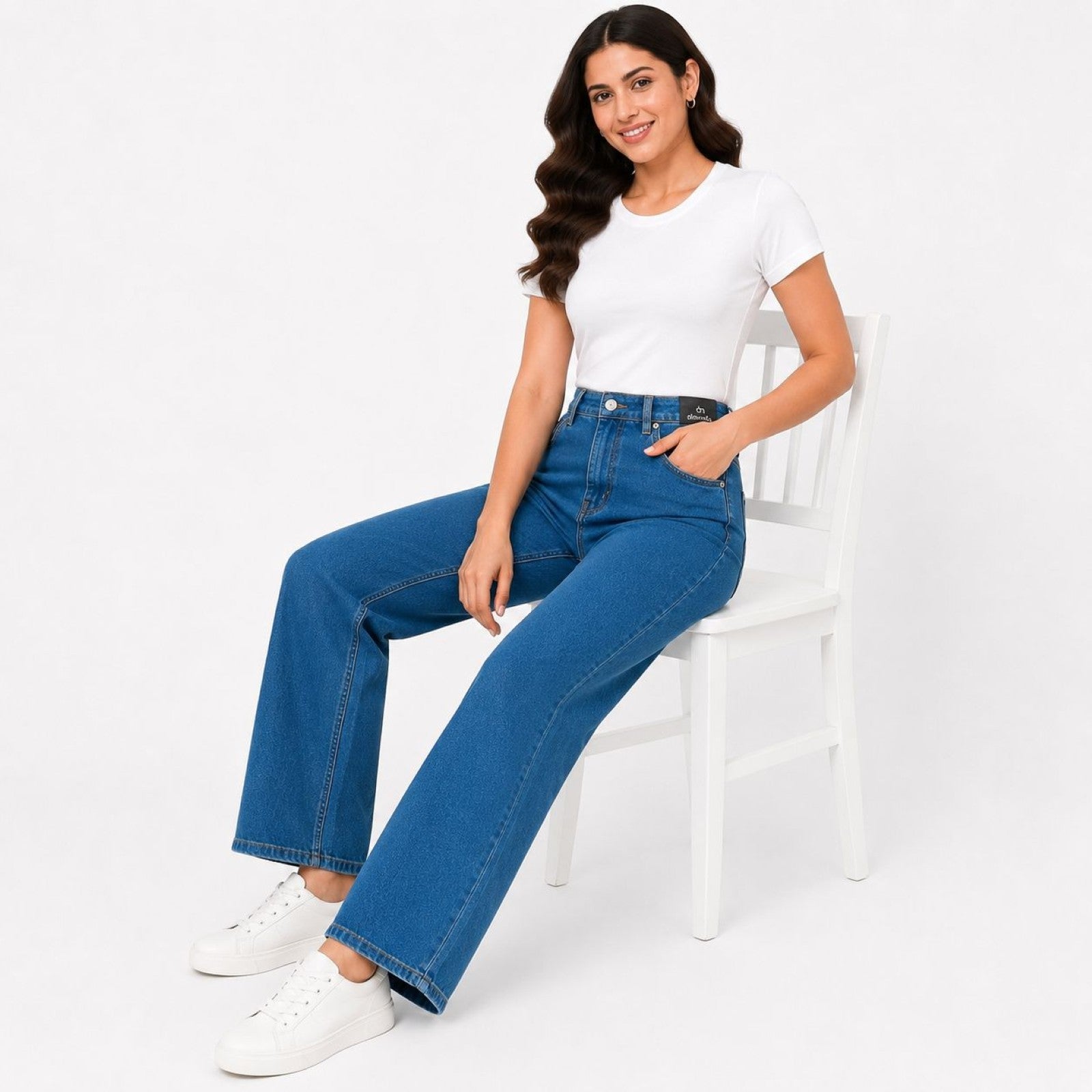 Women's Blue High-Rise Wide Leg Jeans | Straight Fit Full-Length Denim Pants-2