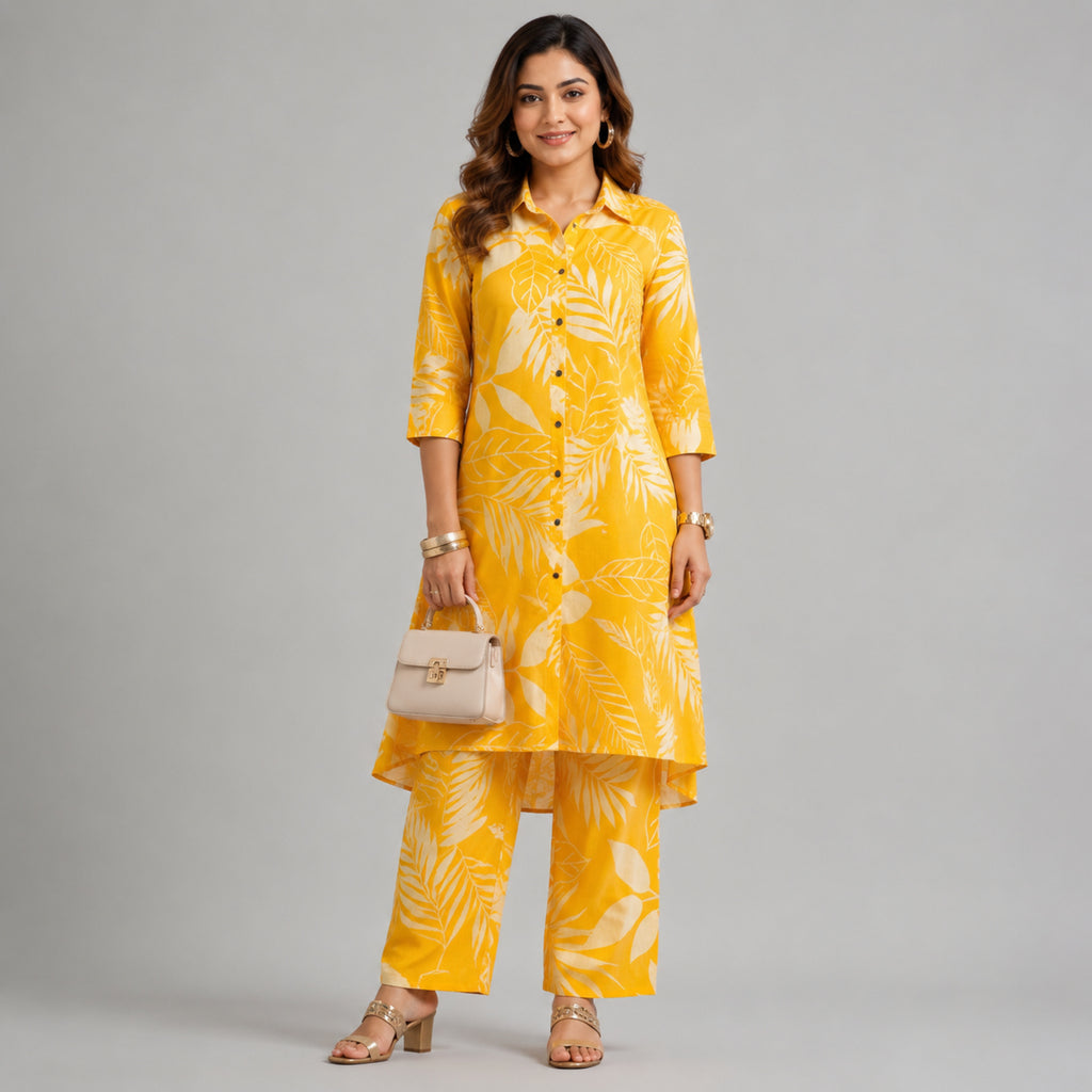 Women's Yellow Printed Kurta Pant Co-Ord Set-1