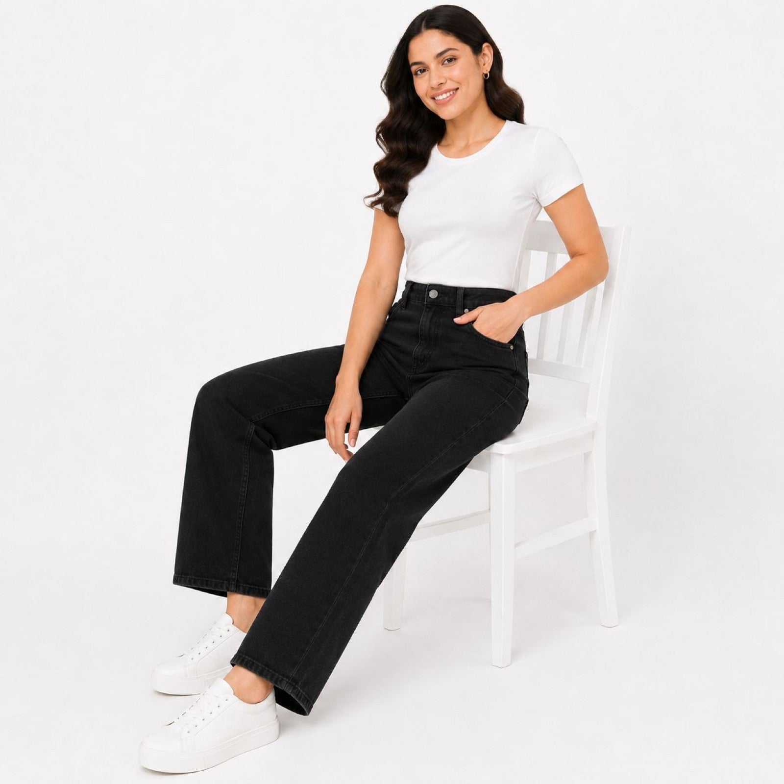 Women's Black High-Rise Wide Leg Jeans | Classic Straight Fit Denim Pants-2
