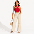 Women's Red Solid Sleeveless Criss-Cross Halter Neck Crop Top for Casual and Party Wear-1
