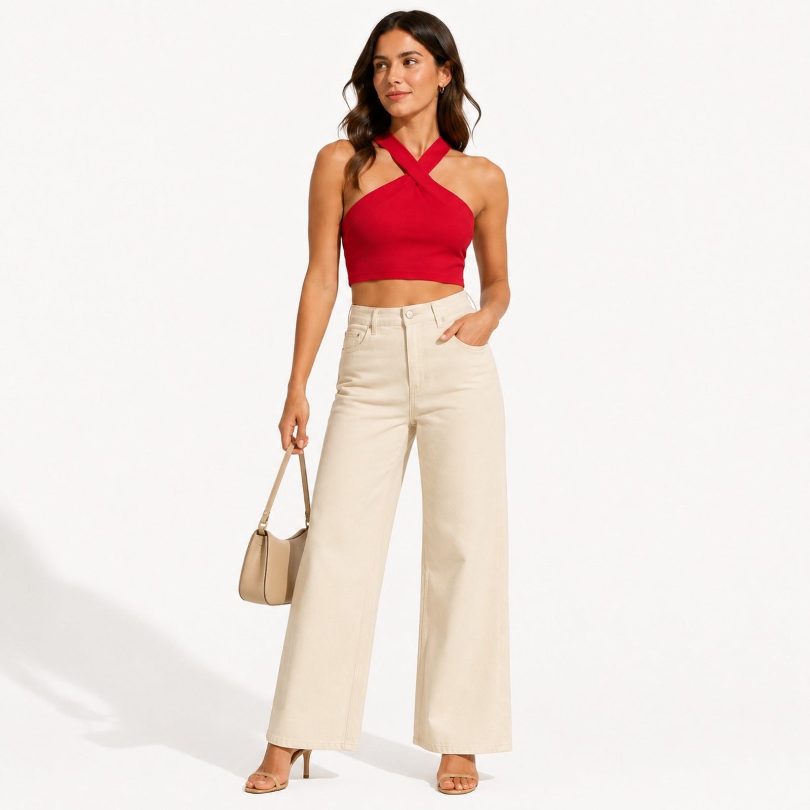 Women's Red Solid Sleeveless Criss-Cross Halter Neck Crop Top for Casual and Party Wear-1