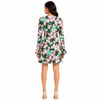 Women's Floral Print Keyhole Neck Bell Sleeve Mini Dress-4