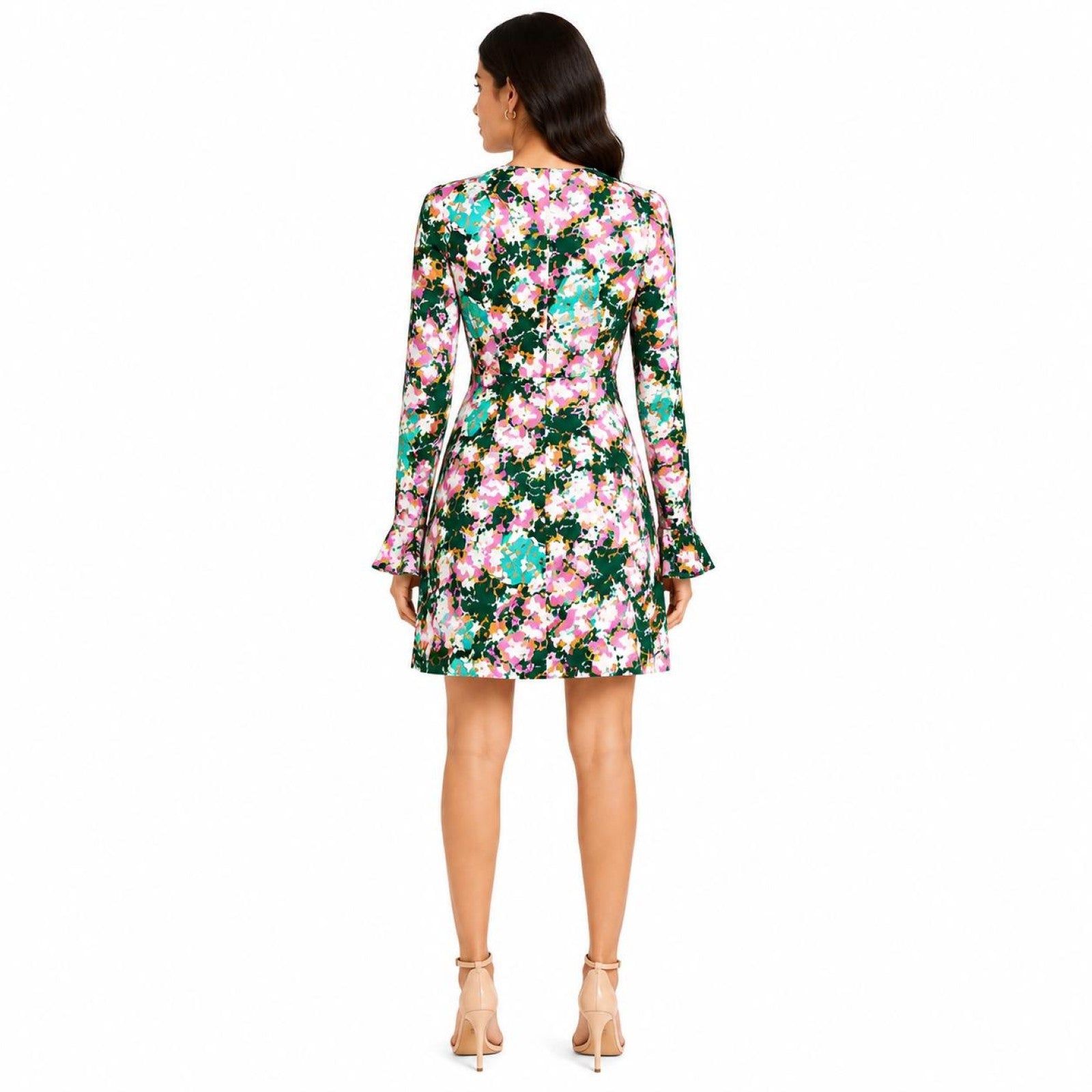 Women's Floral Print Keyhole Neck Bell Sleeve Mini Dress-4