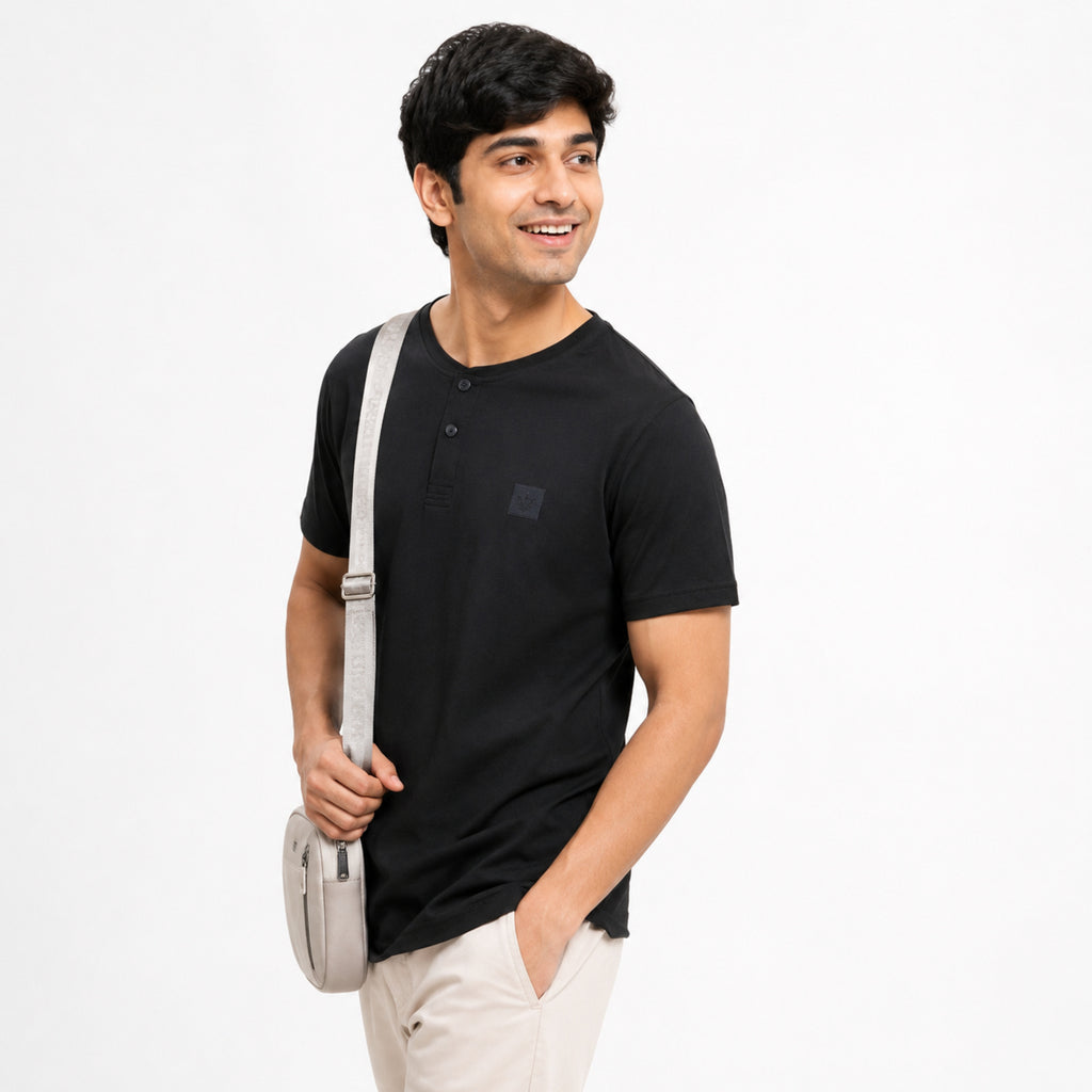 Men's Classic Black Henley Neck T-Shirt-3
