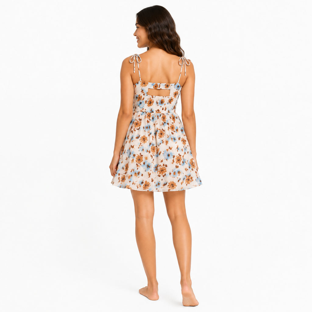 Women's Beige Floral Print Tie-Strap Fit & Flare Mini Dress-4
