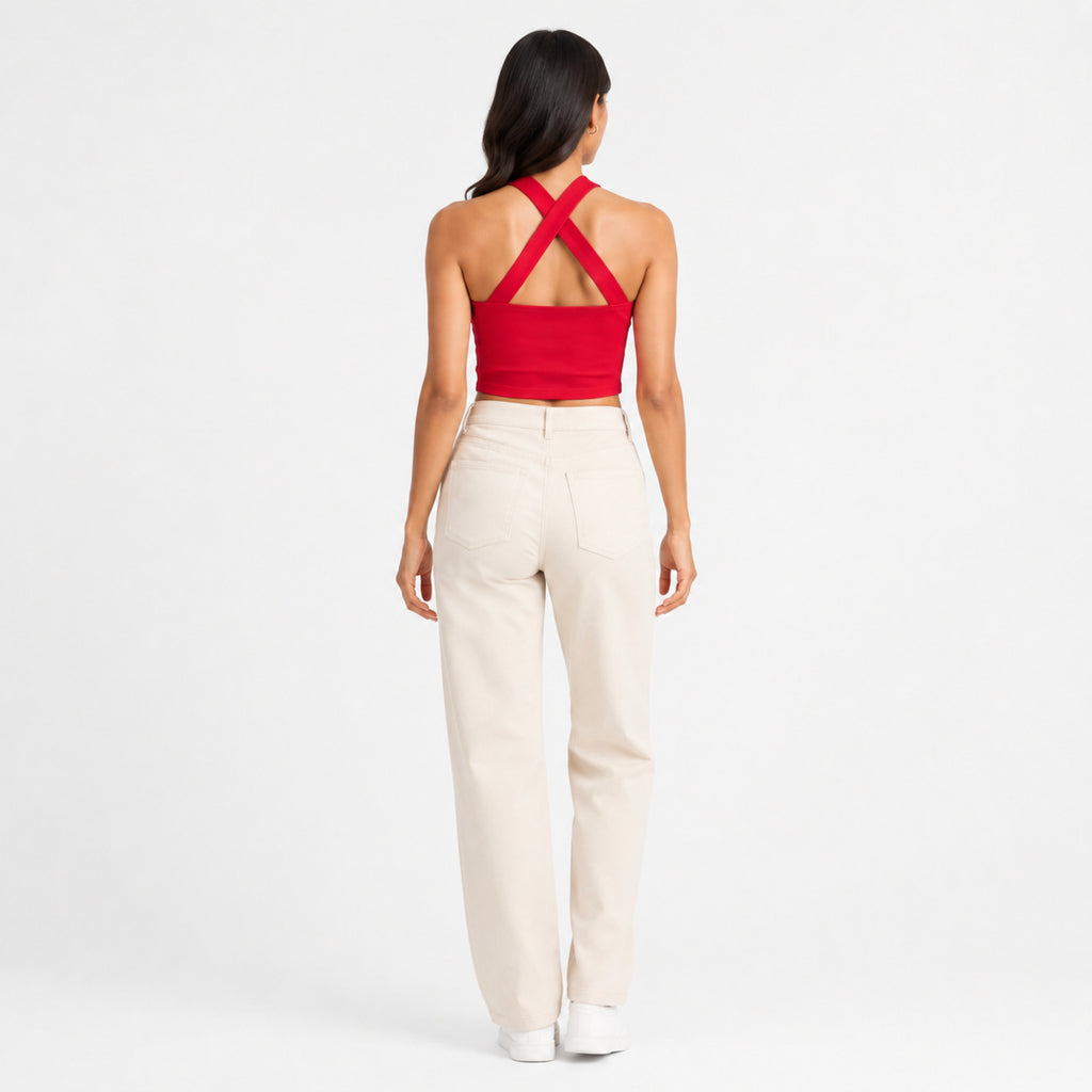 Women's Red Criss-Cross Halter Neck Fitted Crop Top | Solid Party Wear Top-4