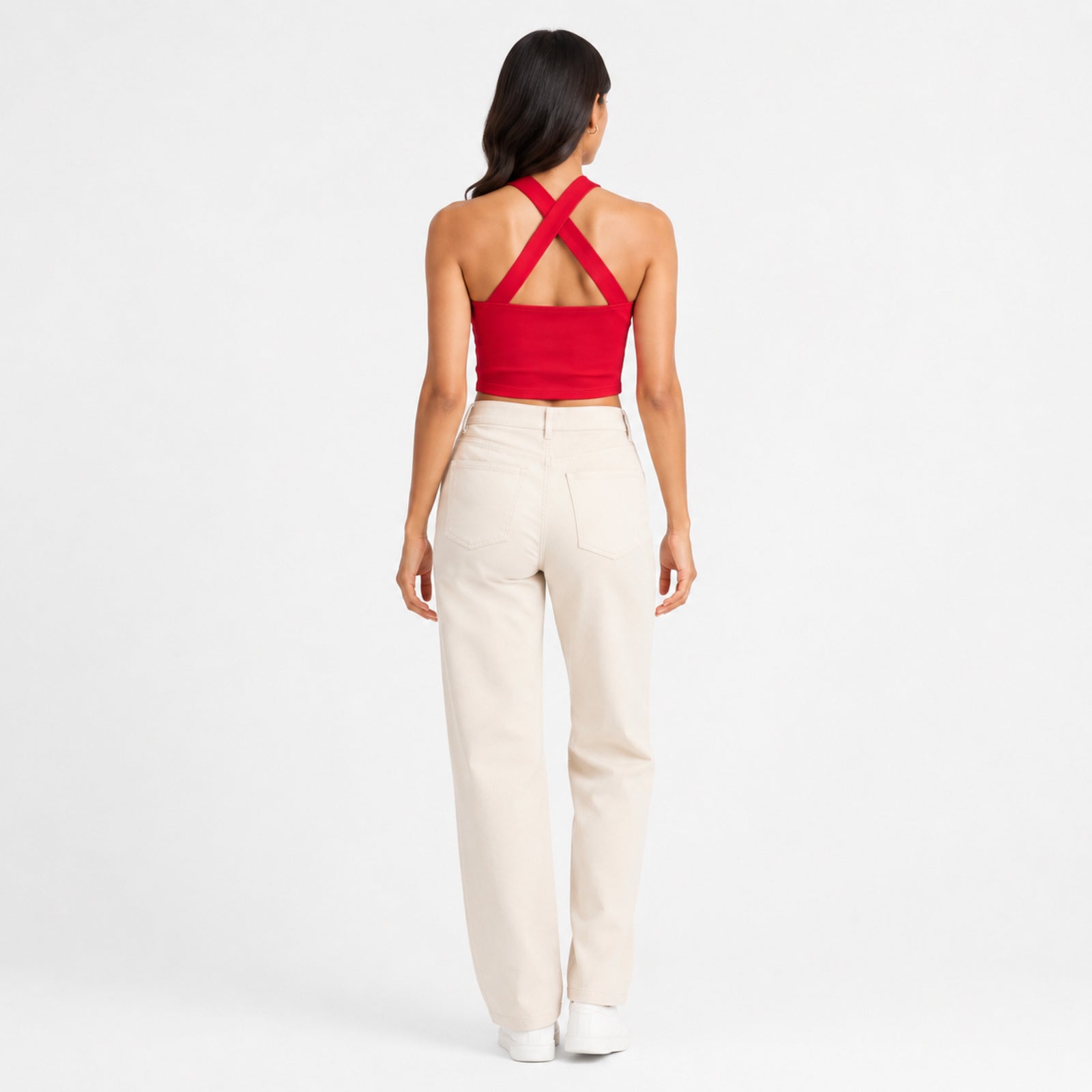 Women's Red Criss-Cross Halter Neck Fitted Crop Top | Solid Party Wear Top-4
