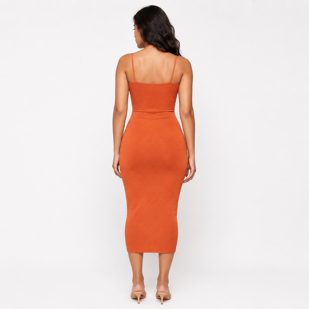 Women's Orange Solid Ruched Cut-Out Sleeveless Bodycon Midi Dress-2