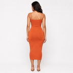 Women's Orange Solid Ruched Cut-Out Sleeveless Bodycon Midi Dress-2