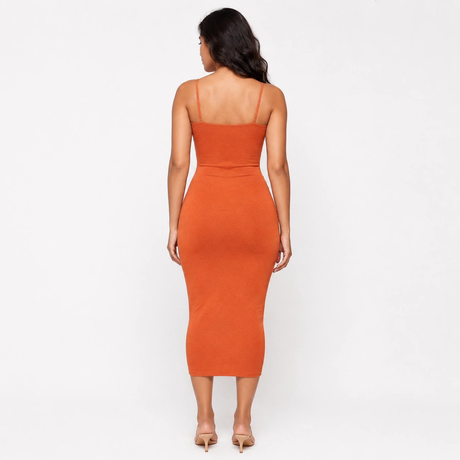 Women's Orange Solid Ruched Cut-Out Sleeveless Bodycon Midi Dress-2