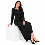 Women’s Black Shimmer Ruched Side Button Detail Round Neck Maxi Dress-3