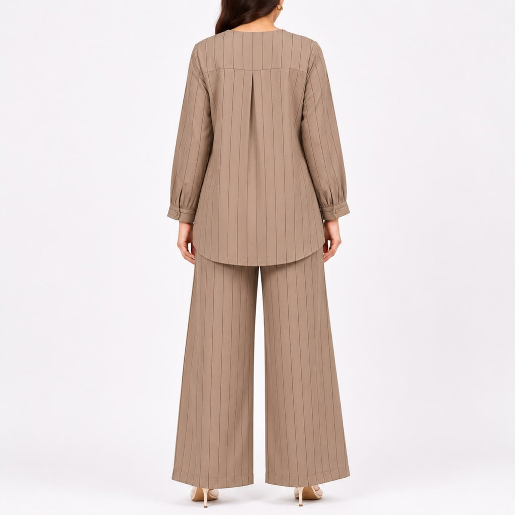 Women's Embroidered Striped Kurta Pant Co-Ord Set | Elegant V-Neck Ethnic Wear Set with Wide Leg Pants – Golden-4