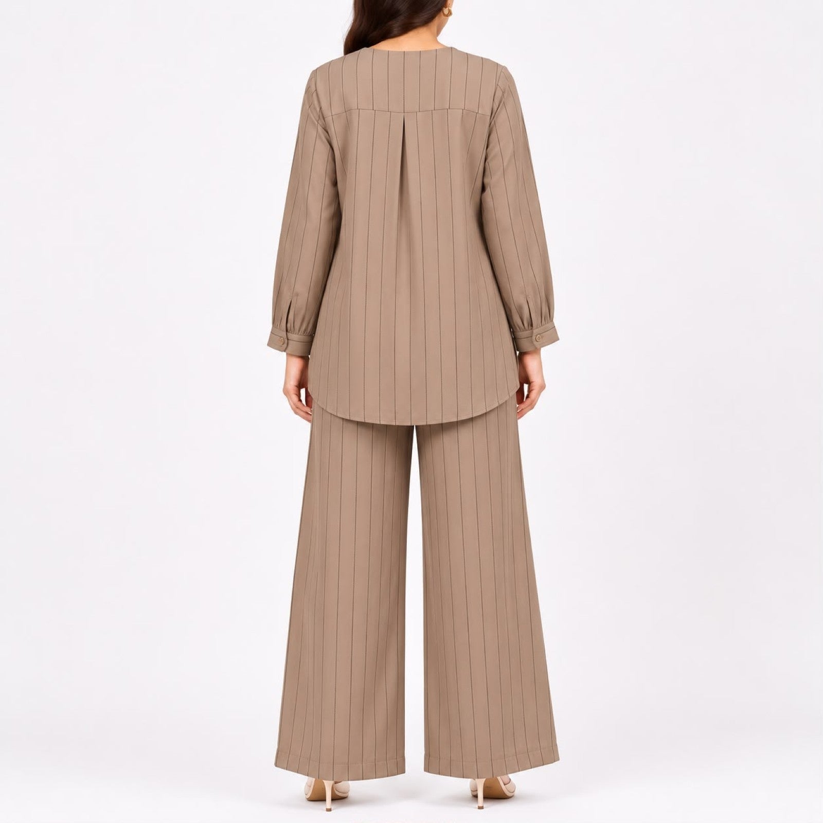 Women's Embroidered Striped Kurta Pant Co-Ord Set | Elegant V-Neck Ethnic Wear Set with Wide Leg Pants – Golden-4