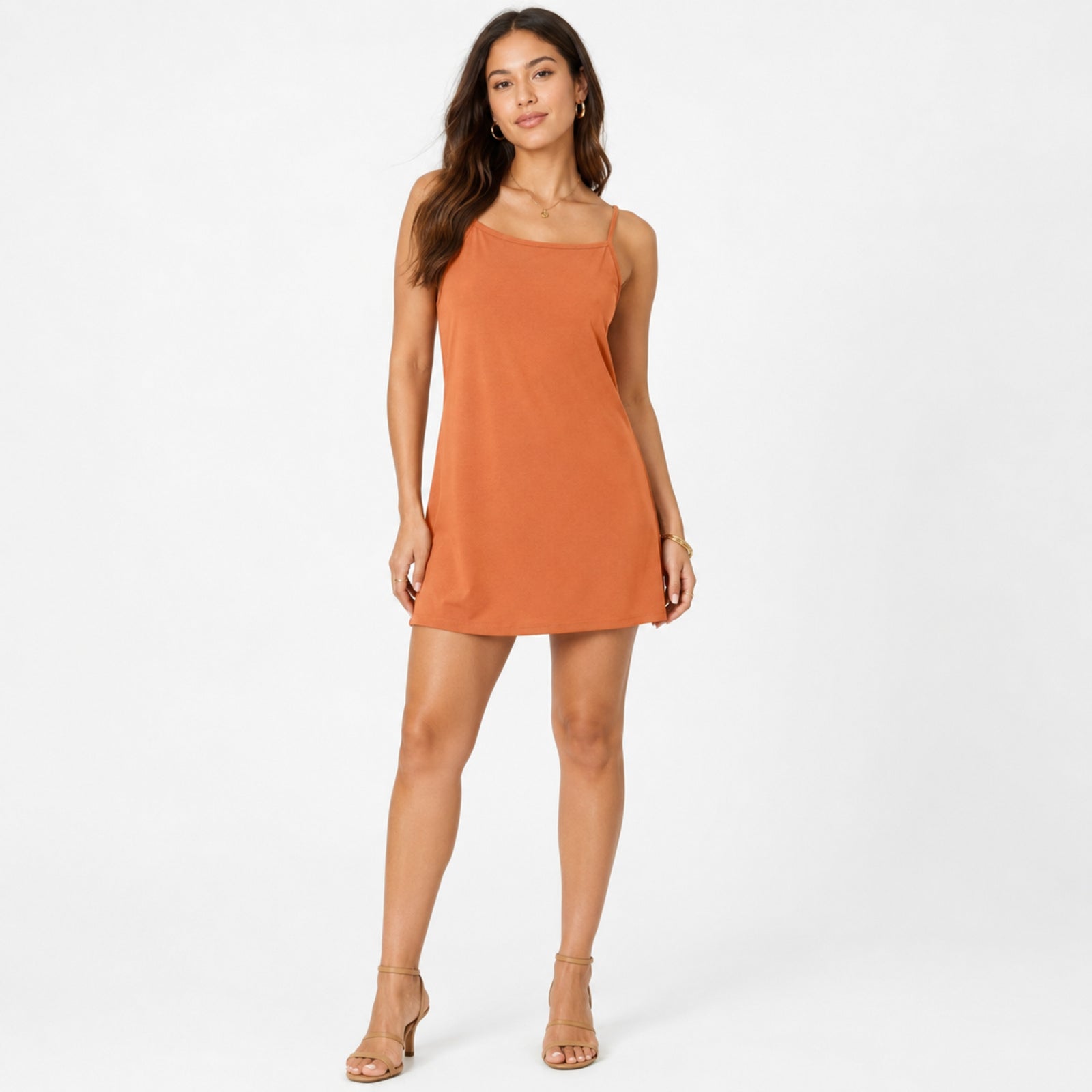 Women's Orange Solid Spaghetti Strap Mini Dress-1