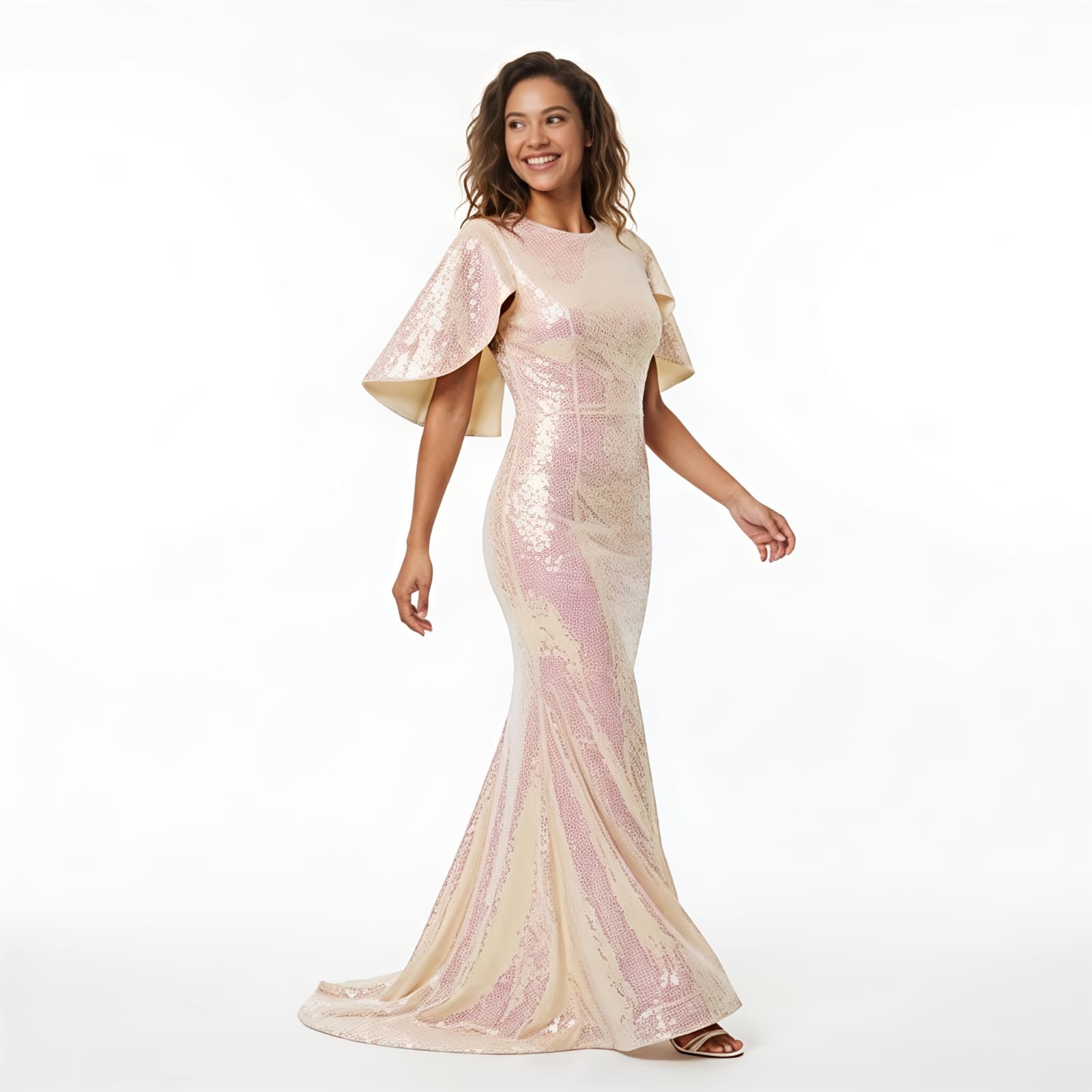 Women's Blush Pink Sequin Mermaid Evening Gown-4