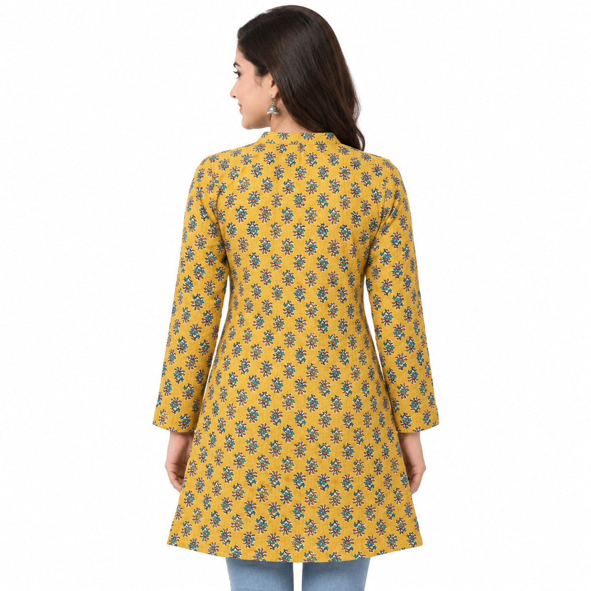 Women’s Mustard Yellow Floral Printed Jacket – Full Sleeve Flared Jacket with Mandarin Collar-4