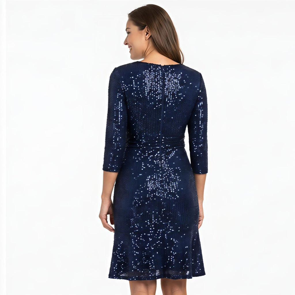 Women's Navy Blue Sequin Fit & Flare Party Dress-3