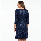 Women's Navy Blue Sequin Fit & Flare Party Dress-3