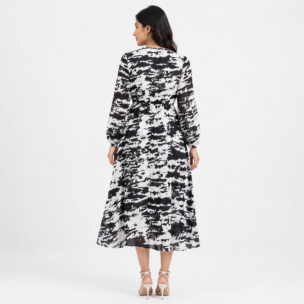 Women's White Abstract Print Flowy Midi Dress with Tie Neck Detail-4