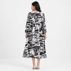 Women's White Abstract Print Flowy Midi Dress with Tie Neck Detail-4
