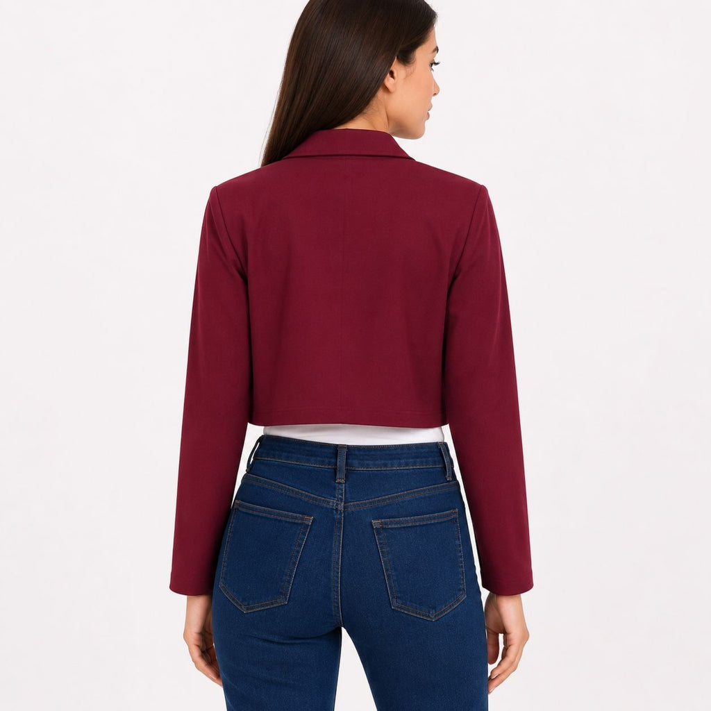 Women's Maroon Cropped Blazer Style Jacket-2