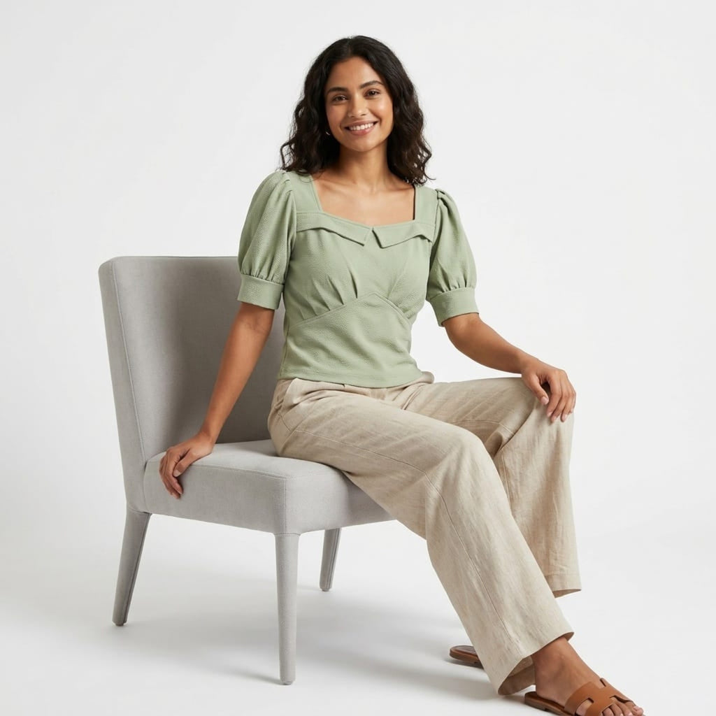 Women's Parrot Green Puff Sleeve Square Neck Top-3