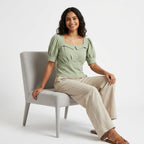 Women's Parrot Green Puff Sleeve Square Neck Top-3