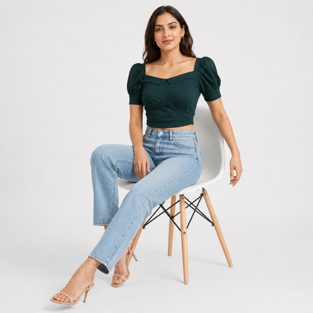 Women's Dark Green Square Neck Puff Sleeve Wrap Crop Top | Fitted Casual Blouse-2