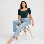 Women's Dark Green Square Neck Puff Sleeve Wrap Crop Top | Fitted Casual Blouse-2