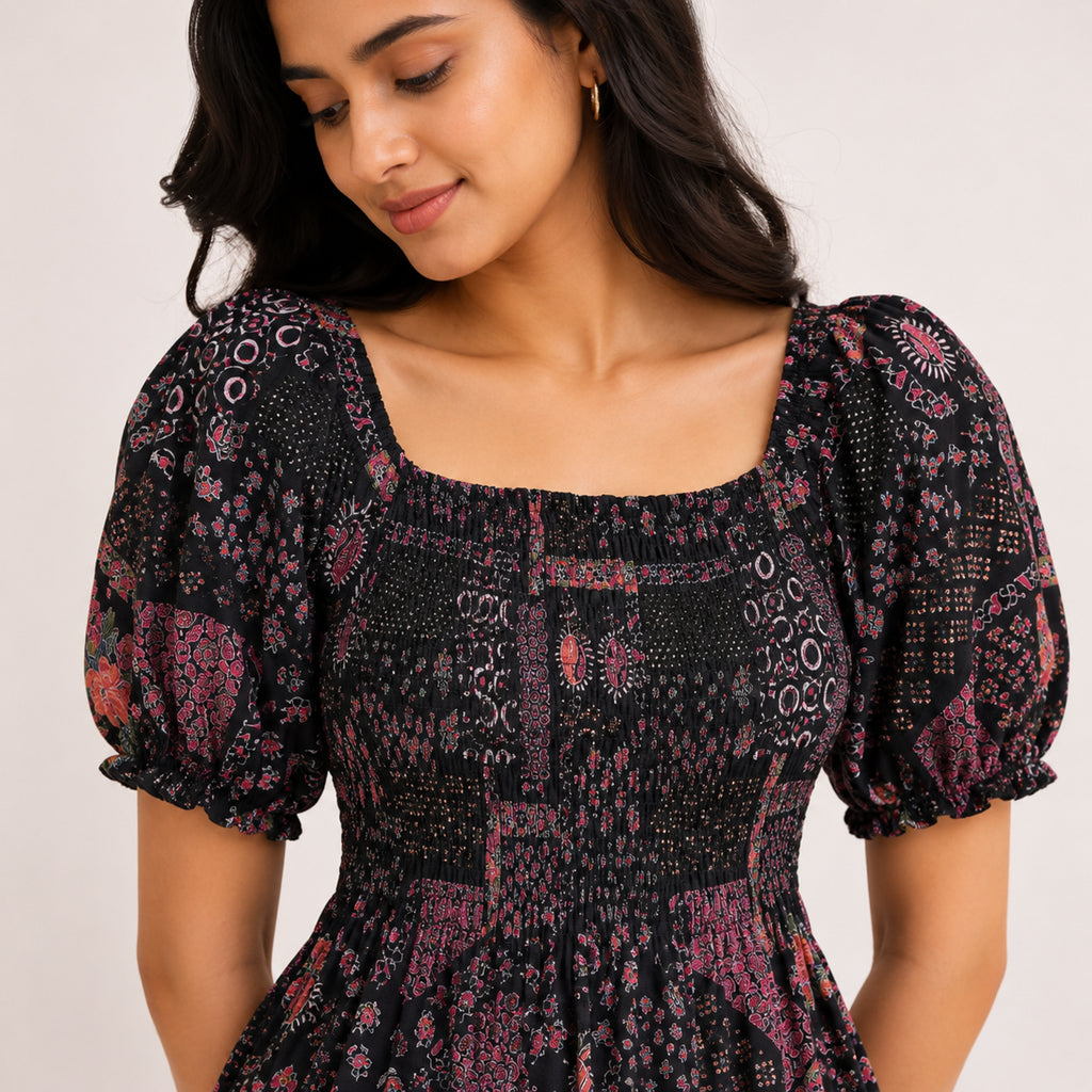 Women's Black Printed Smocked Midi Dress-4