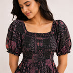 Women's Black Printed Smocked Midi Dress-4