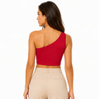 Women's Red One Shoulder Crop Top | Solid Slim Fit Asymmetrical Casual Top-4