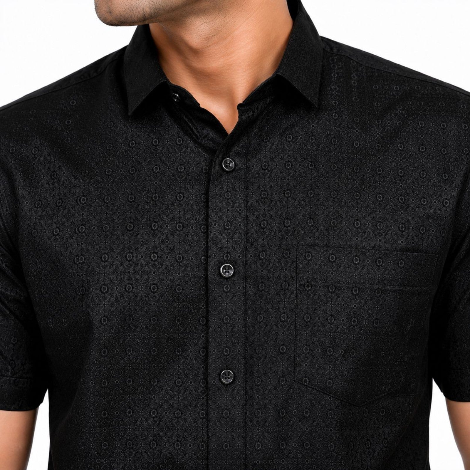 Men's Black Geo Dot Self-Pattern Half Sleeve Shirt | Sleek Casual Button-Up Shirt-3