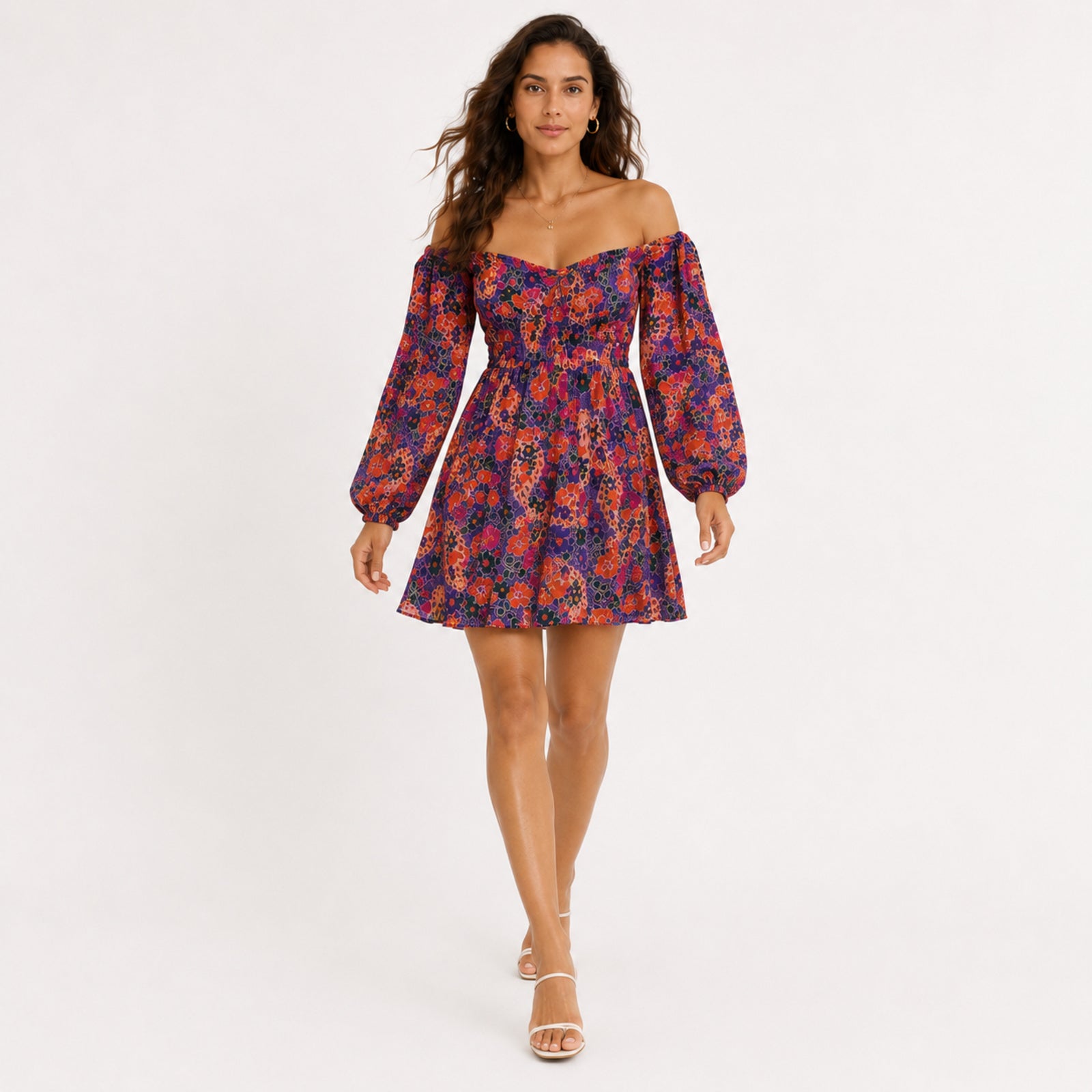 Women's Purple Floral Off-Shoulder Mini Dress with Balloon Sleeves-1