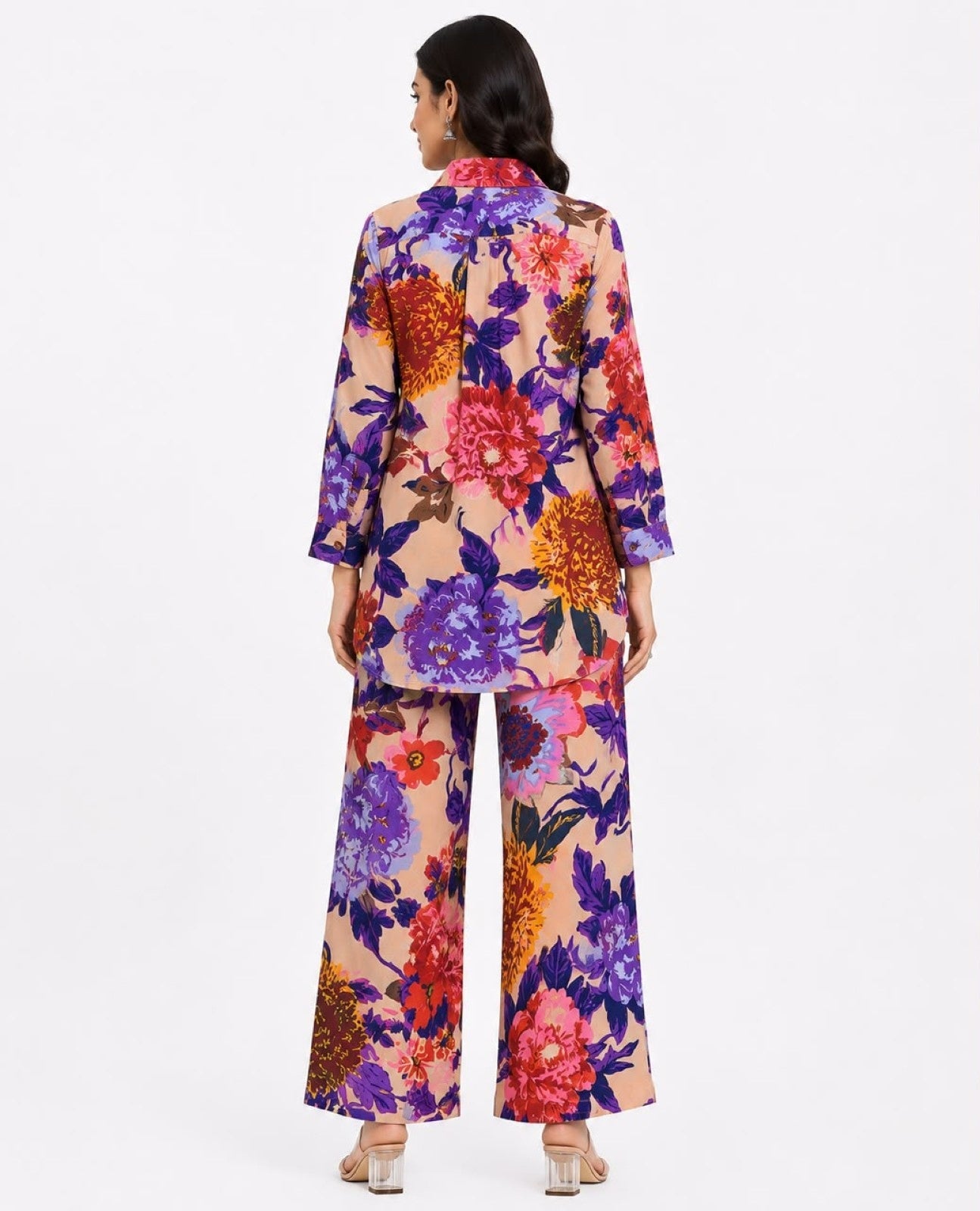 Women's Floral Printed Co-Ord Set | Stylish Shirt & Wide Leg Pant Co-Ord Set for Women – Cream-4