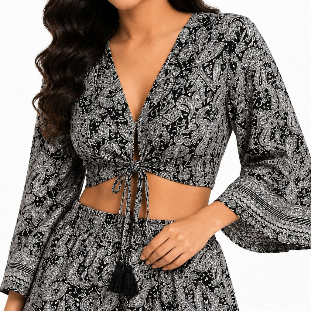 Women's Black Printed Cut-Out Co-Ord Shorts Set-2
