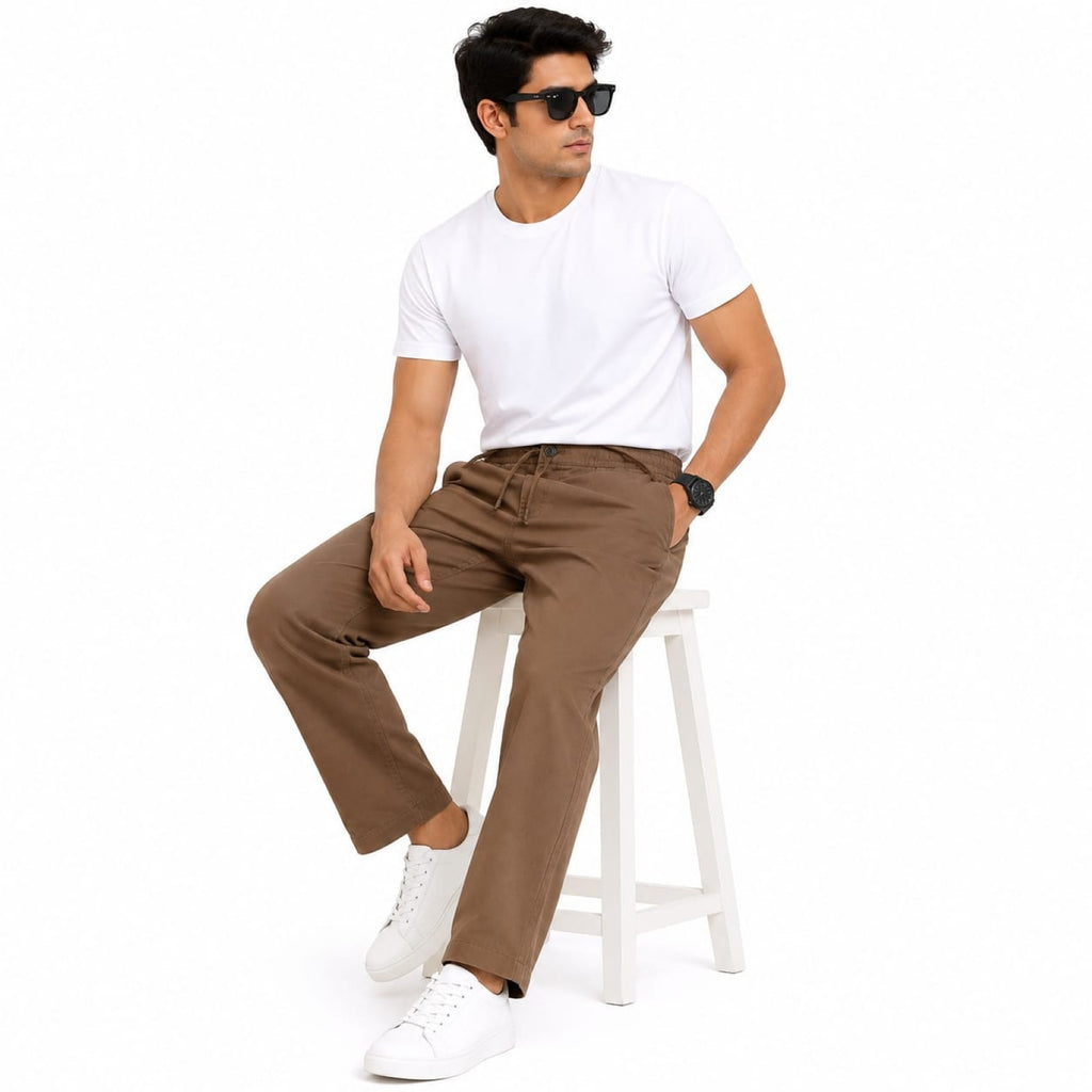 Men's Brown Drawstring Waist Relaxed Fit Casual Trousers-3