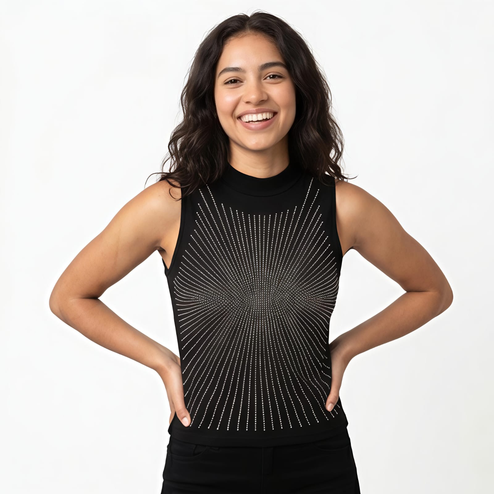 Women's Black Embellished High Neck Sleeveless Top-1
