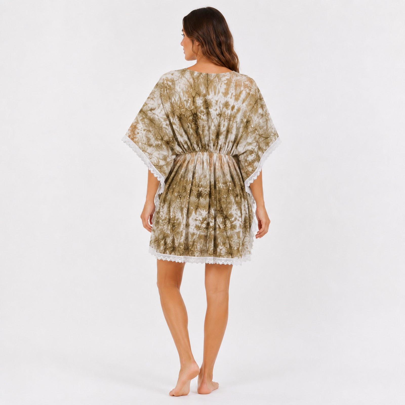 Women's Olive Green Tie-Dye V-Neck Lace Trim Kaftan Dress | Breezy Resort Wear Cover-Up-4