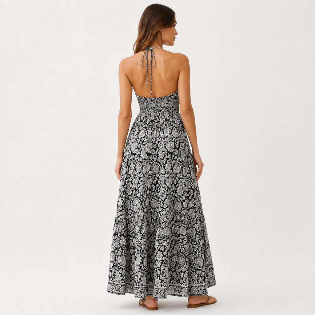 Women's Black Floral Paisley Halter Neck Smocked Maxi Dress | Flowy Resort Wear Dress-4
