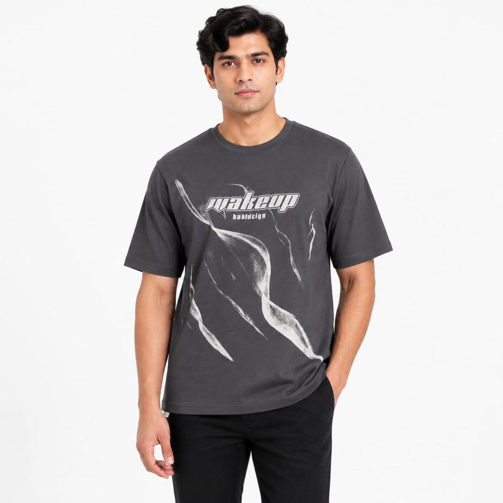 Men's Grey Abstract Wakeup Graphic Crew Neck T-Shirt-1