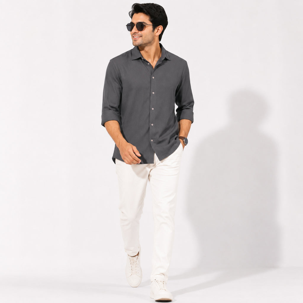 Men's Solid Grey Casual Full Sleeve Shirt-3